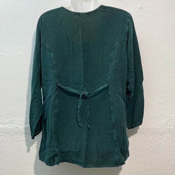 L Pogee Womens Button U Top Long Sleeve Embroidered Boho Blouse Green Tie Back - Picture 2 of 11